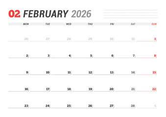 February 2026 Monthly Calendar Template improves team coordination with minimalist blank lines, perfect for office meetings and efficient planning routines, boosts productivity, vector illustration