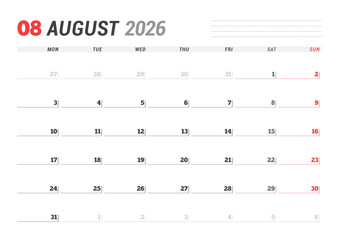 August 2026 Monthly Calendar Template enhances time management with minimalist blank lines, ideal for planning and productivity in business environments, simple and modern, vector illustration
