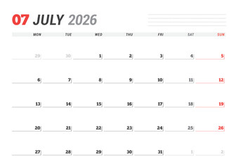 July 2026 Monthly Calendar Template supports strategic planning with minimalist blank lines, ideal for organized workspaces and efficient scheduling routines, vector illustration