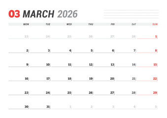 March 2026 Monthly Calendar Template boosts business planning with minimalist blank lines, ideal for meeting rooms and workflow management, streamlines productivity, vector illustration