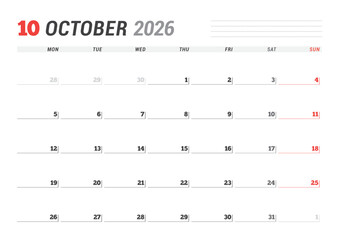 October 2026 Monthly Calendar Template simplifies scheduling with minimalist blank lines, ideal for business desks and planning efficiency, enhances productivity and clarity, vector illustration