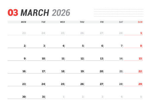 March 2026 Monthly Calendar Template boosts business planning with minimalist blank lines, ideal for meeting rooms and workflow management, streamlines productivity, vector illustration