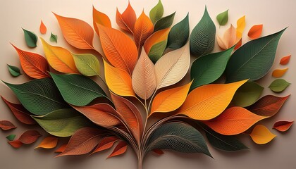 Abstract composition of autumn leaves layered with geometric style and vibrant orange yellow green brown colors on neutral background