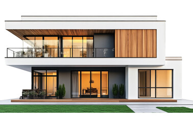 Modern house with green windows surrounded by garden and grass