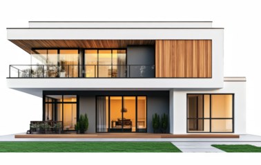 Modern house with green windows surrounded by garden and grass