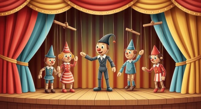 Puppet Show on Stage with Colorful Curtains and Wooden Puppets