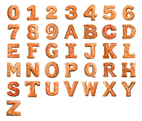 3D numbers and letters text made of orange Clay isolated on a white transparent background