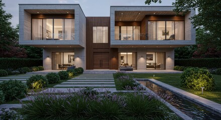 Modern home with two stories and a water feature in the front yard at dusk with trees around it