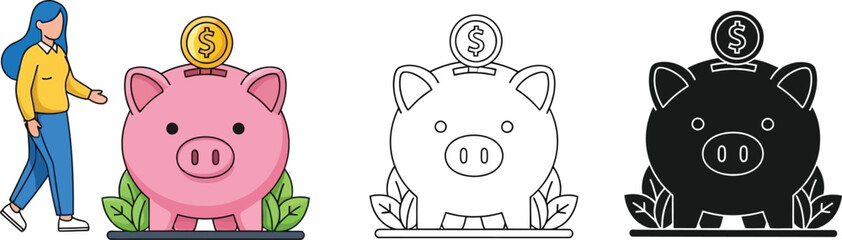 Piggy bank vector illustration set for saving money and financial planning with woman and coin concept editable