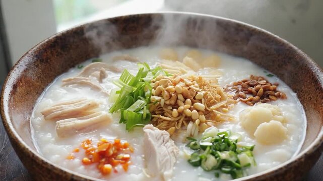 Creamy, flavorful rice porridge, topped with protein and garnishes, steaming in a rustic bowl