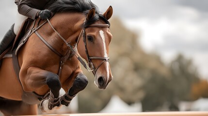 Obraz premium Equestrian jumping over obstacle during show competition