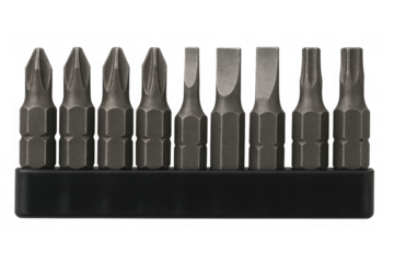 Different types of screwdriver bits standing upright in a black holder, ready for use, isolated on transparent background