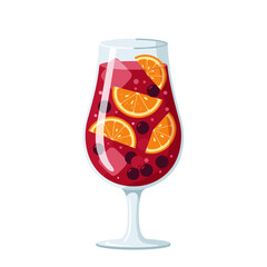 Tall glass of red sangria with orange, lemon, and berry slices, flat colorful vector illustration, isolated on white background 