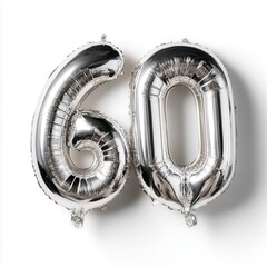 Silver Number 60 Balloons On White Background For Celebration Party Decor