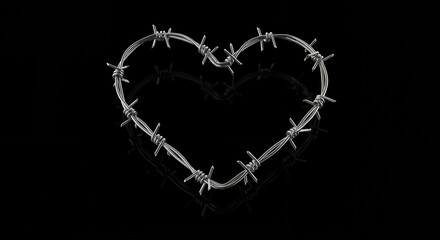 Metallic barbed wire heart on reflective black surface, symbolic of love and pain