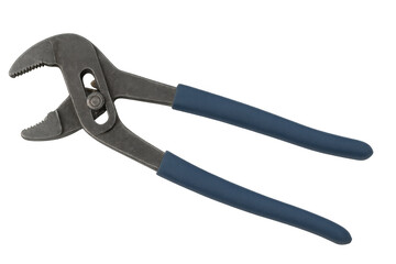 Obraz premium Water pump pliers featuring blue ergonomic handles, gripping metal components with precision against transparent isolated backdrop
