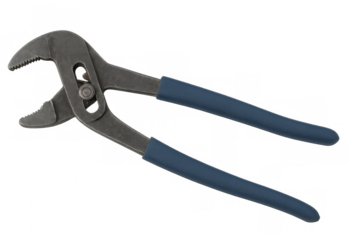 Water pump pliers featuring blue ergonomic handles, gripping metal components with precision against transparent isolated backdrop