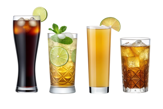 Four refreshing alcoholic and non alcoholic beverages with ice and garnishes isolated on transparent background