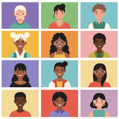 Fototapeta premium Portraits of diverse people in flat vector style framed in colorful blocks, modern minimal grid layout with flat shadows