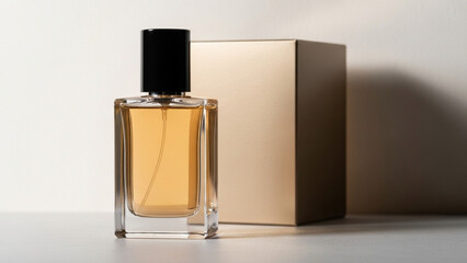 A luxurious perfume bottle with a gold box in the background png