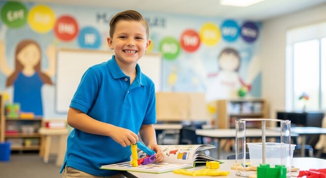 Happy Young Boy Learning and Playing with Educational Toys in a Bright Classroom.