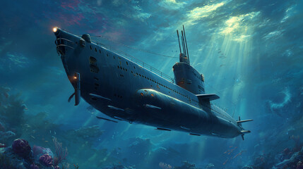 Black military submarine cruising underwater, stealthy design, realistic textures, deep sea environment, showing naval power and advanced submarine technology in action.
