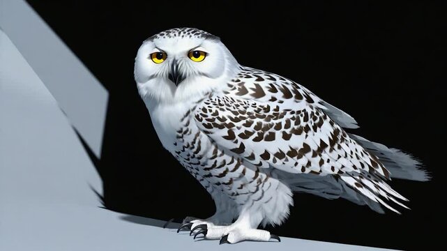 Detailed close-up of a digitally rendered snowy owl