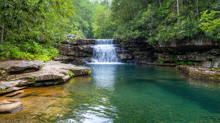 Naklejka premium Serene waterfall cascades into tranquil pool surrounded by lush greenery and rocky formations, creating picturesque natural scene