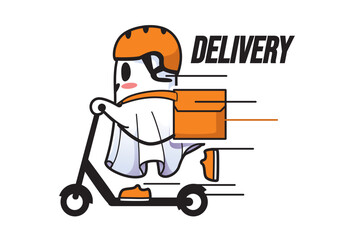 Ghost delivery rider on scooter rapidly transporting a package with a playful and fun design concept.
