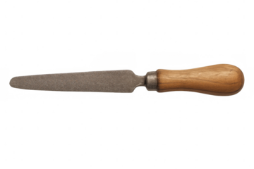 Close-up of an old rasp file tool featuring a worn wooden handle, isolated on a transparent background, perfect for diy and crafting projects