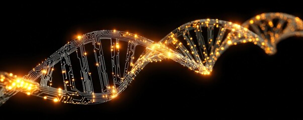 Glowing golden DNA double helix strand on a black background, symbolizing genetics, biotechnology, and molecular biology.