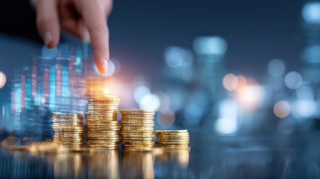 A hand stacking golden coins with digital financial data overlay, symbolizing investment growth and wealth accumulation in a futuristic business environment.