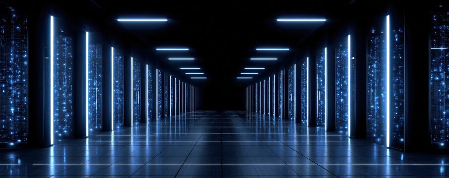A futuristic data center hallway illuminated by blue LED lights, featuring rows of high-tech server racks reflecting on the glossy floor. - Powered by Adobe