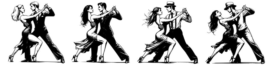 Four drawings of a couple dancing together