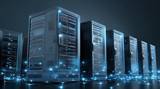 Row of glowing data servers connected by digital network lines in a dark, futuristic environment.