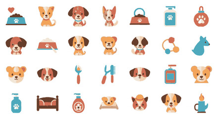 Fototapeta premium Collection of flat vector icons depicting puppies, dog accessories, and care items on a white background.