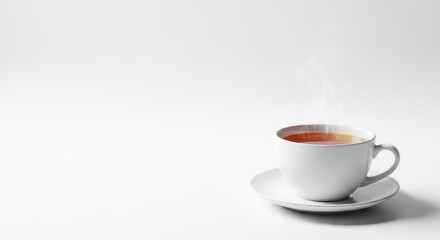 Steaming cup of tea on a saucer, minimalist white background.