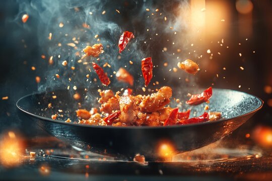 sizzling kung pao chicken tossed in wok with dried chilies and peanuts mid-air