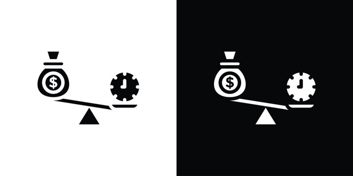 Time and money compare scale icon. Vector illustration. Silhouette in black color