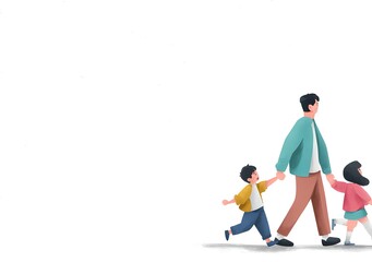 Watercolor Illustration of Asian Dad Holding Hands with His Kids: Father's Day Card Design	