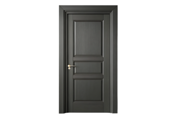 Elegant dark gray wooden interior door with brass handle isolated on transparent background