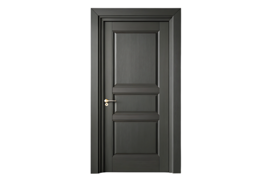 Elegant dark gray wooden interior door with brass handle isolated on transparent background