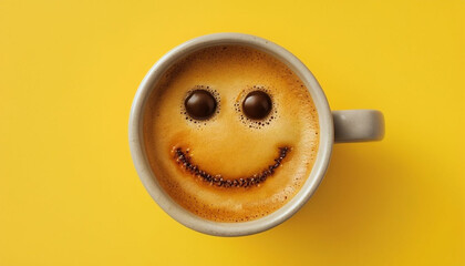 Top-down view of a coffee mug with foam art smiling face, chocolate candy eyes, and yellow background, symbolising cheerfulness and morning positivity.International Coffee Day and Smile Day concepts