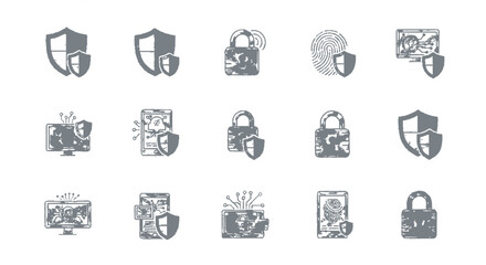 Fototapeta premium Set of gray icons depicting digital security measures, such as shields protecting computers, phones, and data.