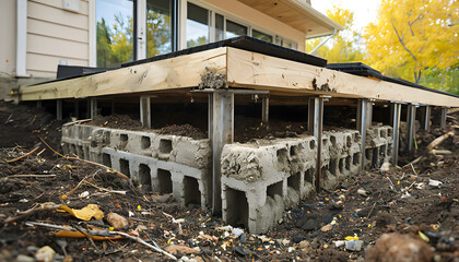 Construction site close-up showing deck foundation with exposed cinder blocks, steel posts, and wooden beams, highlighting outdoor renovation work near a house during autumn season.