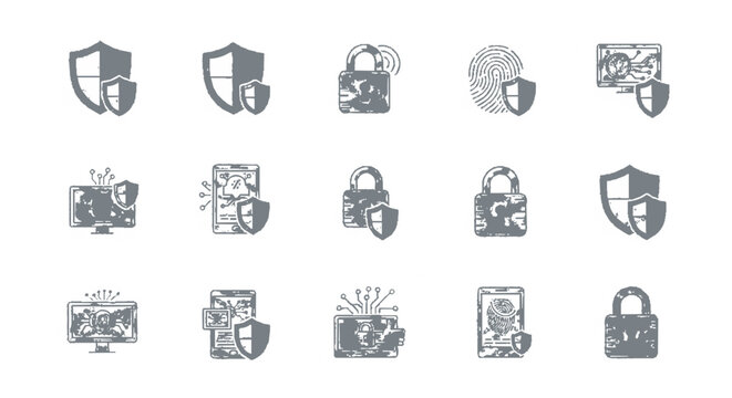 Set of gray icons depicting digital security measures, such as shields protecting computers, phones, and data.