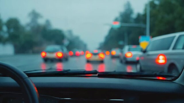 A POV shot from inside a car driving in heavy rain, with the windshield wipers actively clearing water from the glass and red taillights visible through the downpour.