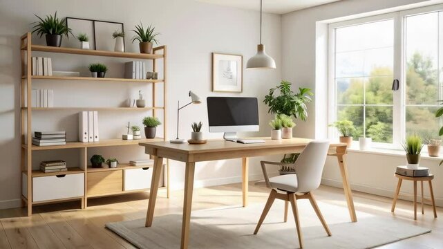 Bright home office interior with wooden desk, computer, swivel chair, shelving unit, potted plants, and natural light from a large window.