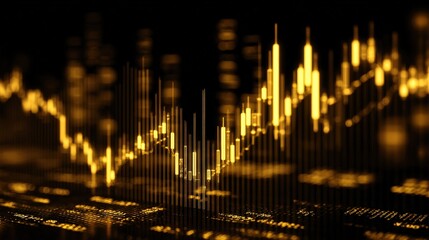 Fototapeta premium Abstract glowing golden bar chart or sound wave visualization on a dark background showing dynamic peaks and data flow.