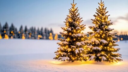 Two snow covered evergreen trees illuminated with small lights stand in a snowy field under a blue and gold sky - Powered by Adobe